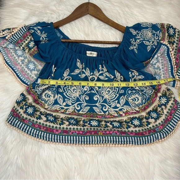 Natural Life SABRINA Cropped Top Shirt Womens Small Blue Floral Boho Beach - Picture 9 of 12